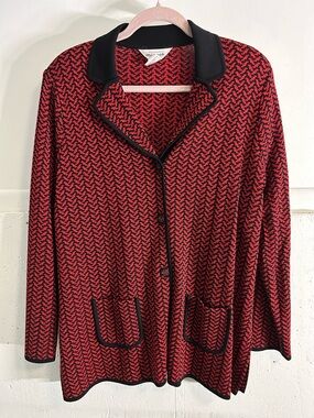 Misook Red & Black Houndstooth Knit Cardigan
